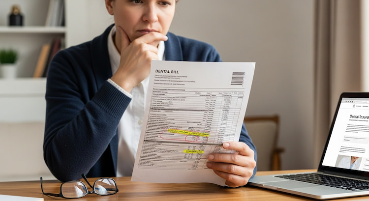 A person looking at a dental bill or insurance statement thoughtfully to understand dental costs and coverage limitations.