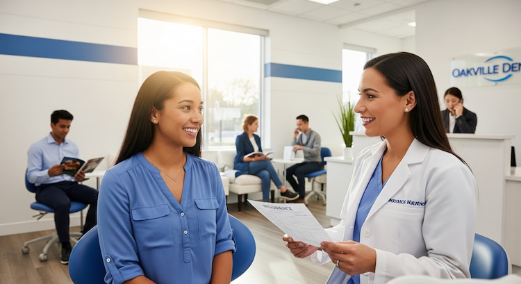 A smiling patient sitting in a modern Oakville dental clinic, talking with a friendly dentist holding an insurance form
