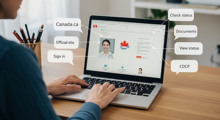 A person is signing in to the CDCP website to check Canadian Dental Care Plan status.